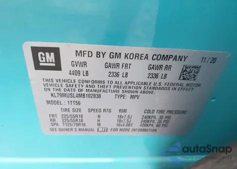 2021 Chevrolet Trailblazer Awd Rs z USA, uszkodzony, nr VIN KL79MUSL4MB102838